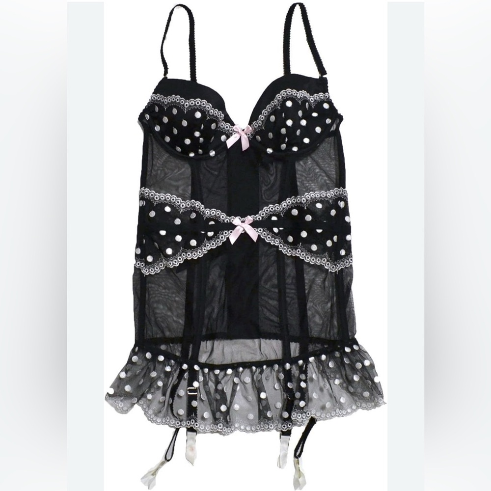 🆕 VICTORIA’S SECRET Black Bustier Corset Polka Dots Garters NWT Size 36D - Picture 6 of 16